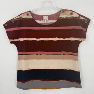 True Self Womens Top Size L Short Sleeve Striped Button Shoulder Blouse